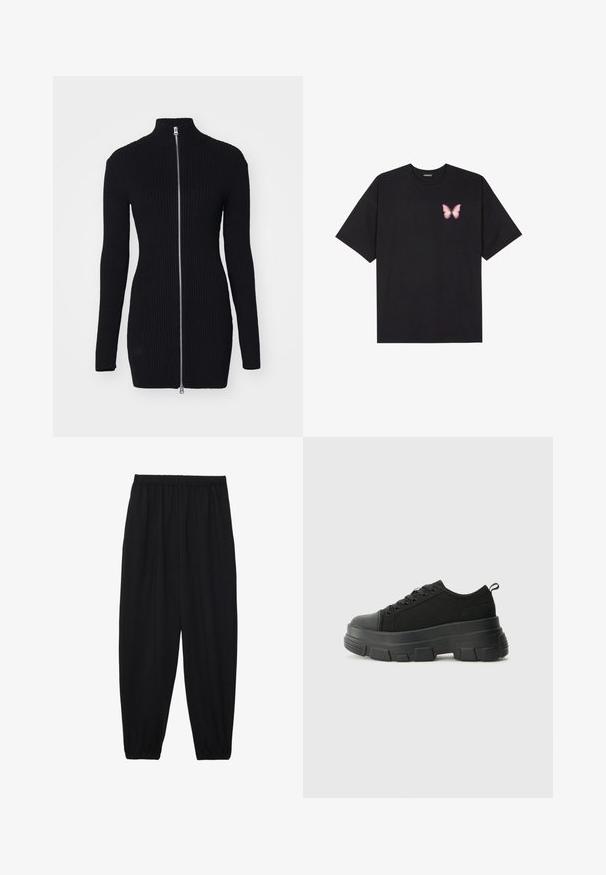 Weekday LAILA LONG ZIP CARDIGAN - Adīta jaka - black; Melna kokvilnas T-krekls ar īsām piedurknēm, kuram priekšā kreisajā pusē ir neliels rozā tauriņa grafiskais attēls. Ar apaļu kaklu un brīvā stila piegriezumu.; Melnas, vieglas bikses ar elastīgu jostu un savilktiem potītiem. Audums ir gluds un to raksturo brīva, sašaurināta forma.; Melnas kedas ar masīvu gumijas zoli, teksturētu auduma augšdaļu, apaļu purngalu un saistīšanas dizainu. Iekļautas pastiprinātas acs atveres un aizmugurējais cilpiņas siksniņa.