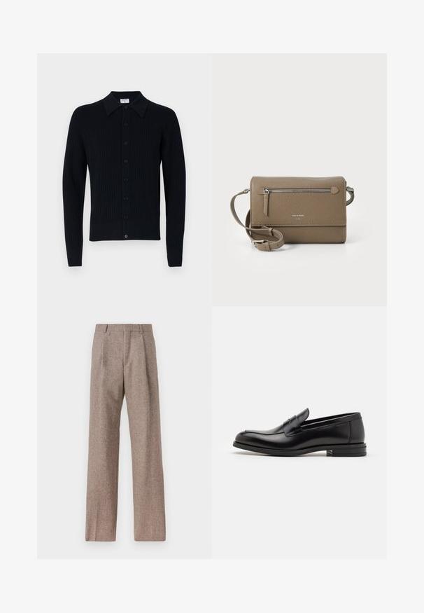 Donkerblauwe geribbelde cardigan met een puntige kraag, knoopsluiting aan de voorkant, lange mouwen en een gladde textuur. Eenvoudig ontwerp zonder patronen.; Witte lange mouwen overhemd van katoen, met een borstzak met tonale borduring, een kraag en knopenmanchetten.; Bruine, hooggewaisted broeken van een gestructureerde stof. Heeft wijde benen en twee voorplooien voor extra structuur. Net afgewerkt zonder zichtbare hardware.; Zwarte leren instappers met een gladde textuur, ronde neus en een decoratieve band over de wreef. Lage, gestapelde hak en minimalistisch ontwerp.; Taupe leren schoudertas met een ritsvak aan de voorkant, verstelbare band, geribbeld textuur en een verdiept logo aan de voorkant.