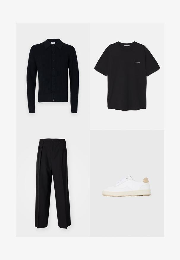 Cardigan de canalé azul marino oscuro con cuello de pico, cierre frontal de botones, mangas largas y textura suave. Diseño simple sin patrones.; Camiseta de algodón negra con cuello redondo, mangas cortas y un estampado de logo blanco en el lado izquierdo del pecho. Diseño simple y de color sólido.; Pantalones negros plisados con un diseño recto y de pierna ancha. Fabricados en una tela suave, presentan un cierre de botón y trabillas para el cinturón.; Zapatillas bajas blancas con parte superior de cuero texturizado, suela de crema estriada y acento de talón en color tostado. Presentan cordones blancos y detalle del logotipo en el talón.