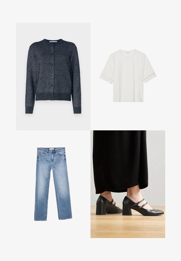 Cardigan blu navy con collo rotondo, maniche lunghe, chiusura con bottoni e un tessuto morbido e testurizzato con una leggera lucentezza.; T-shirt bianco a maniche corte in cotone, con bordi in pizzo decorativi lungo le maniche e scollo rotondo.; Jeans in denim blu a gamba dritta, con un lavaggio sbiadito, cinque tasche e una chiusura a bottone classica. Materiale in cotone con cuciture ben visibili.; Scarpe con tacco in pelle nera con design a doppia cinghia e fibbie circolari. Tacco quadrato e superficie liscia. Posizionate accanto a una gonna nera.