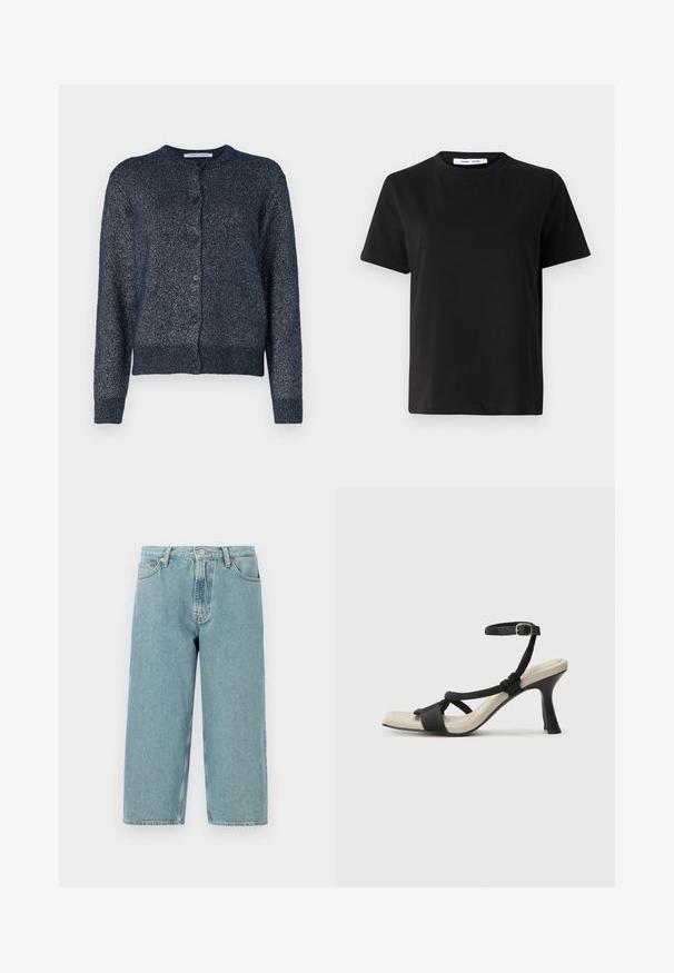 Tamsiai mėlynas kardiganas su apvaliu kaklu, ilgomis rankovėmis, mygtukų užsegimu ir minkšta, tekstūruota medžiaga su subtilia blizgesiu.; Juodas trumpas rankovės marškinėliai, pagaminti iš minkštos medvilnės, su apvaliu iškirpimu, laisvu pritaikymu ir lygiu paviršiumi. Nėra matomų raštų ar grafikos.; Šviesiai mėlynos džinsinės šortai su aukštu liemeniu, tiesiu kirpimu ir neapdorotu kraštu. Yra klasikinis sagtys ir užtrauktukas, keturios kišenės.; Juodų aukštakulnių sandalų su pintu dirželiu dizainas, kvadratine nosimi ir reguliuojamu kulkšnies dirželiu. Šviesiai bežė padas su blizgiu juodu kulnu.