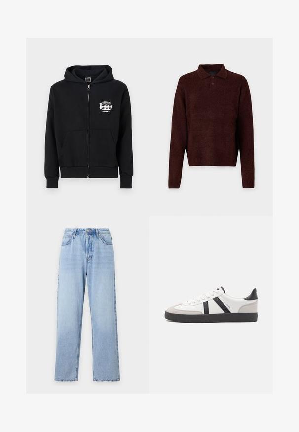 Melnā zip-up kapucē, ar priekšējo kabatu, ribotām aprocēm un apakšmalu. Izvēlētā kreisās krūtīs ir balta grafika. Izgatavots no kokvilnas maisījuma.; Brūns adīts džemperis ar polo apkakli, trīs pogām pie kakla un garām piedurknēm. Mīksta tekstūra, ribota apakšmala un piedurkņu gali.; Gai zilu džinsi ar taisnu piegriezumu, augstu vidukli, piecām kabatām un augšējo pogu aizdari. Iezīmēts ar izbalējušu mazgāšanu un kontrastējošu šuvju. ; Baltas sneakeris ar melniem un pelēkiem akcentiem, kuram ir teksturēts pelēks purngals, melna gumijas zole un plakanas baltas šņores. Tīrs dizains, minimālisma stils.