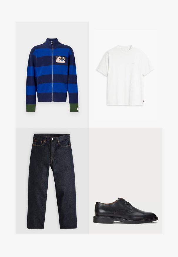 Mėlynas ir tamsiai mėlynas juostuotas užtrauktuku užsisegamas megztinis su aukšta krakmolo apykakle, kuriame pavaizduota animacinė akies grafika ant krūtinės, o ant rankogalių yra žali akcentai.; Balti medvilninė marškinėliai su trumpomis rankovėmis, apvali apykakle ir subtiliu šviesios spalvos „Levi's" logotipu priekyje.; Tamsiai mėlynos džinsinės kelnės su tiesiu kirpimu, penkiomis kišenėmis, kontrastingomis oranžinėmis siūlėmis ir mygtukų užtrauktuku. Nėra matomų raštų ar papuošimų.; Juodas odinis suknių batelis su apvalia nosimi, raišteliais ir žemu, sukrautu kulnu. Lygus paviršius su minimaliais siuvinėjimo detalėmis.