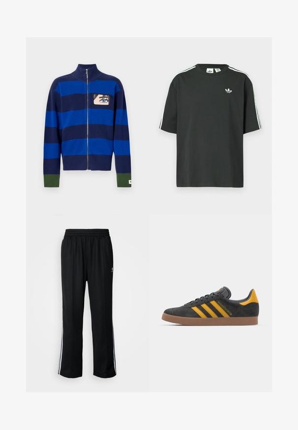 Svetr se zipem, modro-navy pruhovaný, s vysokým límcem. Na hrudi je umístěn design kresleného oka a zelené detaily na manžetách.; Černé bavlněné tričko s krátkými rukávy, kulatým výstřihem a bílými třemi pruhy na ramenou. Na hrudi je malá bílá logo.; Černé sportovní kalhoty s elastickým pasem, s bílými bočními pruhy a malým logem. Materiál vypadá měkce a lehce.; Černé semišové tenisky se žlutými akcenty, vybavené třemi pruhy a hnědou gumovou podrážkou. Obsahují polstrovaný jazyk pro pohodlí.