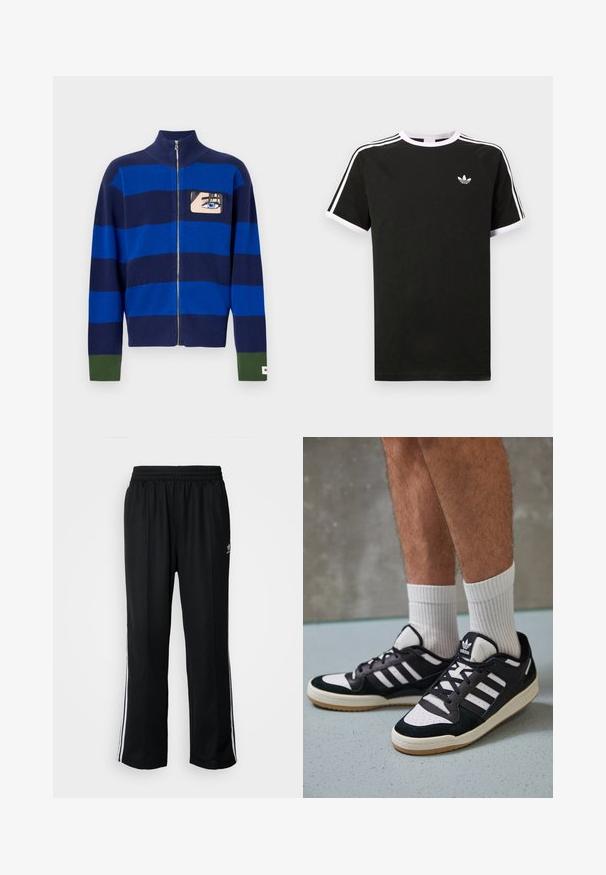 Blue and navy striped zip-up sweater with high collar, featuring a cartoon eye design on chest and green accents on cuffs.; Black t-shirt made of cotton with white accents. Features short sleeves, raglan design, and a small logo on the chest. Three white stripes on shoulders.; Black athletic pants with an elastic waistband, featuring white side stripes and a small logo. Material appears soft and lightweight.; Black and white sneakers with a suede and leather upper, featuring three white stripes, a perforated toe, and a gum rubber sole.