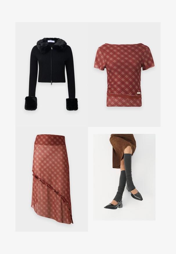 Melnas ribotas zip-up kardigāns ar mākslīgo kažokādu apmali un atbilstošām lielām mākslīgā kažokādas aprocēm garajās piedurknēs.; Sarkans un bēšs ķemmēts īsā piedurknē ar gludu tekstūru un pieguļošu jostas daļu, ar apakšmalu, kurai ir smalks savirpušanās details.; Sarkana svārku ar diagonālu apakšmalu, kurai ir plānu raksts gaišākos toņos, akcentēts ar pogu detaļām gar malu.; Melnas laka ādas apavi ar norādītu purngalu, blokveida papēdi un potīšu jostu, saskaņoti ar pelēkām ribotām kāju sildītājām un brūnu zamšādas svārku.