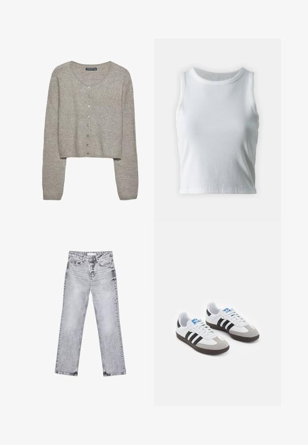 Světle šedý zkrácený cardigan vyrobený z měkkého pleteného materiálu s dlouhými rukávy, kulatým výstřihem a šesti kovovými knoflíky vpředu.; Bílý žebrovaný tílko s kulatým výstřihem a bezramínkovým designem, s rovnými lemy a hladkou, elastickou strukturou.; Šedé džíny z denimu se střihy rovnými nohavicemi, s poškozenou úpravou, pěti kapsami a měděnými nýtky. Pasová část obsahuje logo štítek.; Sportovní boty s bílým koženým svrškem, šedou semišovou špičkou a třemi černými pruhy. Obsahují modré logo na jazyku a texturovanou gumovou podrážku.