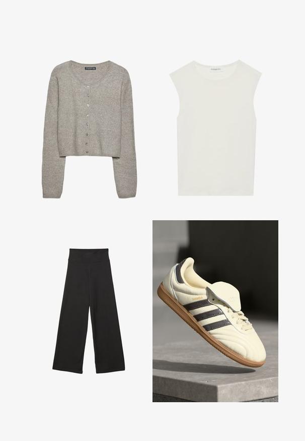 Cardigan cropped grigio chiaro in maglia morbida, con maniche lunghe, scollatura rotonda e sei bottoni metallici lungo la parte anteriore.; Top bianco senza maniche con scollatura rotonda. Realizzato in tessuto liscio, presenta una vestibilità rilassata e un design minimalista. Nessun motivo o accentuazione.; Pantaloni neri a gamba larga con vita elastica alta, in tessuto morbido e vestibilità ampia, adatti per l'abbigliamento casual o ambienti rilassati.; Sneaker in pelle crema con tre strisce scure, suola in gomma marrone e punta arrotondata. Presenta una linguetta pieghevole etichettata "SAMBA".