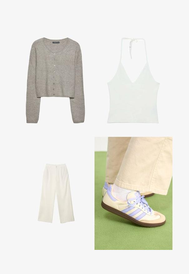 Hellegrau verkürzter Cardigan aus weichem Strick mit langen Ärmeln, rundem Halsausschnitt und sechs metallischen Knöpfen auf der Vorderseite.; Weißes Top mit Halterneck und tiefem V-Ausschnitt. Aus einem glatten, leichten Stoff gefertigt. Mit verstellbarem Band am Rücken.; Helle Stoffhose mit weitem Bein und glatter Textur, ausgestattet mit einem einzelnen Knopf vorne, dezenten Falten und einem Hochbund-Design.; Cremefarbene und lavendelfarbene Sneakers mit drei Streifen und einer strukturierten braunen Sohle, ausgestattet mit Schnürsenkeln und einer gepolsterten Ferse. Obermaterial aus weichem Stoff.
