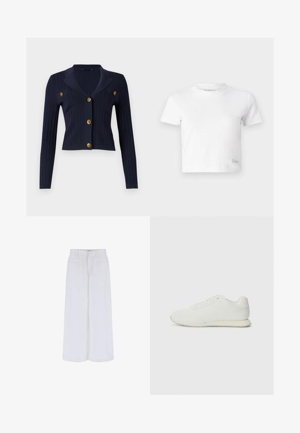 Navy ribbed cardigan with long sleeves, cropped design, notched collar, and four gold button accents on the front.; White cropped t-shirt made of smooth cotton, featuring a high neckline and short sleeves. Small embroidered logo in the bottom corner.; White wide-leg trousers with a smooth texture, featuring two front pockets and a button closure, designed for a relaxed fit.; White athletic shoes with textured fabric, a round toe, laces, and a ridged sole. Embossed logo detail on the heel. Minimalist design.