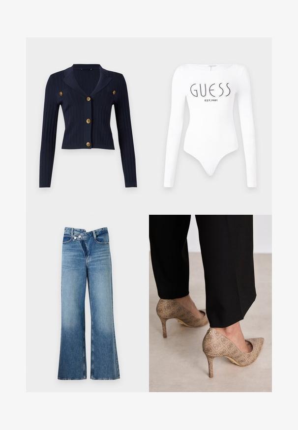 Marineblaue gestreifte Strickjacke mit langen Ärmeln, kurzer Passform, mit eingelegtem Kragen und vier goldenen Knopfakzenten auf der Vorderseite.; Weißer Langarm-Bodysuit mit Rundhalsausschnitt. Auf der Vorderseite mit "GUESS"-Logo und "EST.1981" in Schwarz bedruckt. Glatte Textur.; Helle, blaue Jeans mit weit ausgestellt Bein und hoher Taille, ausgestattet mit zwei Knöpfen und vorderen Taschen. Der Stoff hat eine ausgewaschene Textur mit subtilen Variationen.; Beige High Heels aus strukturiertem Stoff mit einem sich wiederholenden Muster. Spitz zulaufendes Design mit einer Rückenausschnitt und goldenen Absatz.