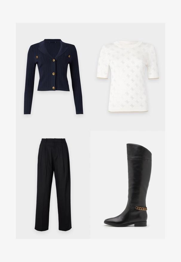 Granatowy kardigan prążkowany z długimi rękawami, krótkim krojem, wykładanym kołnierzem i czterema złotymi guzikami z przodu.; Skrócony, białe, dzianinowe top z krótkimi rękawami o subtelnym wzorze, z okrągłym dekoltem i złotym akcentem na dolnym brzegu. Tekstura wydaje się lekka i przewiewna.; Czarne spodnie o dopasowanym kroju, z wysokim stanem, fałdami i prostymi nogawkami. Wykonane z gładkiego materiału w jednolitej kolorystyce.; Wysokie czarne skórzane botki o eleganckim designie, ze spiczastym noskiem i złotym łańcuszkiem na kostce. Niski blokowy obcas. Gładka tekstura.
