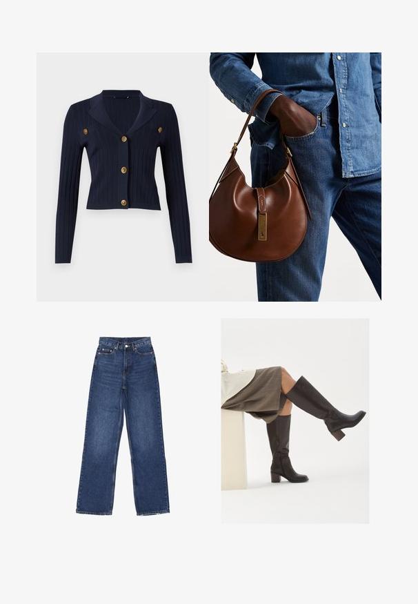 Marineblaue gestreifte Strickjacke mit langen Ärmeln, kurzer Passform, mit eingelegtem Kragen und vier goldenen Knopfakzenten auf der Vorderseite.; Zwei ärmellose, gerippte Rollkragenoberteile in Braun und Schwarz, auf einem schlichten weißen Hintergrund präsentiert.; Weite blaue Jeans mit hoher Taille, Knopfverschluss, fünf Taschen und subtilen Verwaschungen auf dem Stoff.; Braune Lederstiefel bis zum Knie mit eckiger Zehenpartie, blockiertem Absatz und seitlichem Reißverschluss. Glatte Oberfläche mit polierter Optik.; Braune Leder-Hobo-Tasche mit runder Form, ausgestattet mit goldenen Hardware-Details und kontrastierenden Nähten. Kombiniert mit einem Jeanshemd und Jeans.
