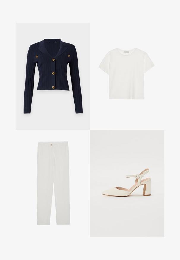 Cardigã azul-marinho canelado com mangas longas, design cropped, colarinho com recorte e quatro detalhes em botão dourado na frente.; T-shirt branca de manga curta feita de algodão macio. Apresenta um decote redondo e um corte descontraído. Design limpo sem padrões ou detalhes visíveis.; Calças brancas, ajustadas, com um design de perna reta, apresentando um fecho de botão, passantes para cinto e bolsos laterais; textura de tecido suave.; Pump de bico fino, na cor creme, com um salto quadrado. Apresenta uma tira fina no tornozelo com uma fivela redonda e uma textura de couro suave.