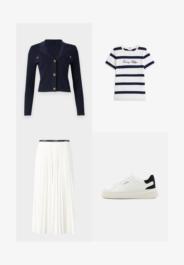 Námořnická žebrovaná kardigan s dlouhými rukávy, zkrácený střih, klopový límec a čtyři zlaté knoflíkové akcenty na přední straně.; Bavlněné tričko s horizontálními námořnickými pruhy na bílém pozadí. Na hrudi je výšivka "Tommy Hilfiger" v kurzívě. Kulatý výstřih.; Záhybová bílá sukně s černým elastickým pasem s logem "LACOSTE". Suška je střední délky a má jemnou texturu.; Bílé kožené tenisky s tlustou bílou podrážkou, černým semišovým akcentem na patě a vyraženým logem na boku. Šněrovací design se šesti očka.