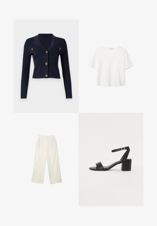 Mornarsko rebrasto kardigan s dugim rukavima, skraćeni dizajn, odrezani ovratnik i četiri zlatna gumba na prednjoj strani.; Bijela majica kratkih rukava od pamuka. Ima okrugli izrez i opušteni kroj. Glatka tekstura bez vidljivih uzoraka ili naglasaka.; Hlače širokih nogavica od kremaste tkanine s glatkom teksturom, s jednim prednjim gumbom, suptilnim plitvicama i visokim strukom.; Crne sandale na visoku petu s glatkim kožnim gornjim dijelom, otvorenom kapicom, širokim prednjim trakama i podesivim remenom oko gležnja s detaljem zlatne kopče.
