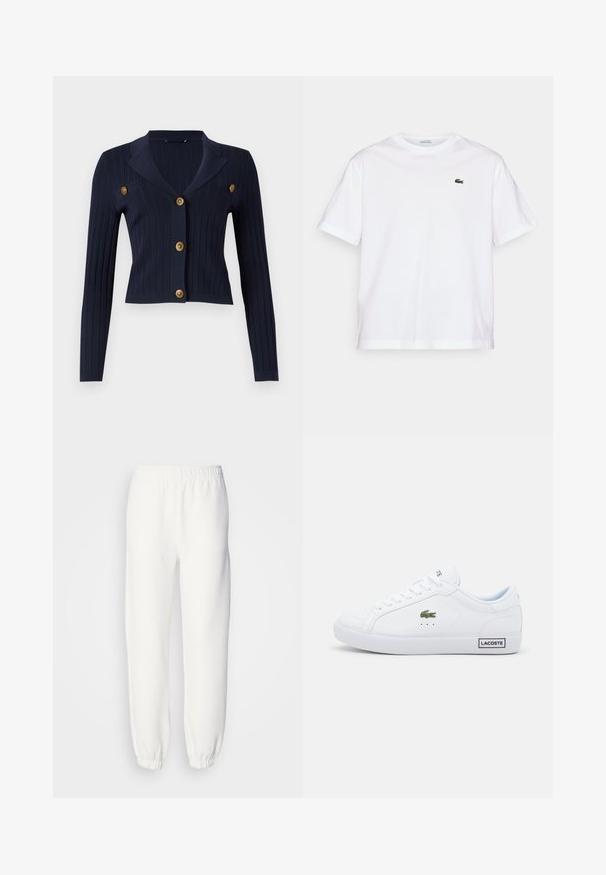 Navy ribbed cardigan with long sleeves, cropped design, notched collar, and four gold button accents on the front.; White cotton T-shirt with a round neckline and short sleeves. Features a green embroidered logo on the chest. Soft texture, relaxed fit.; White sweatpants made of soft, knitted fabric. Elastic waistband and cuffs provide a relaxed fit. Minimalist design, no visible patterns or accents.; White Lacoste sneakers with a textured leather upper, flat laces, green crocodile logo, and a black "LACOSTE" tag on the heel.