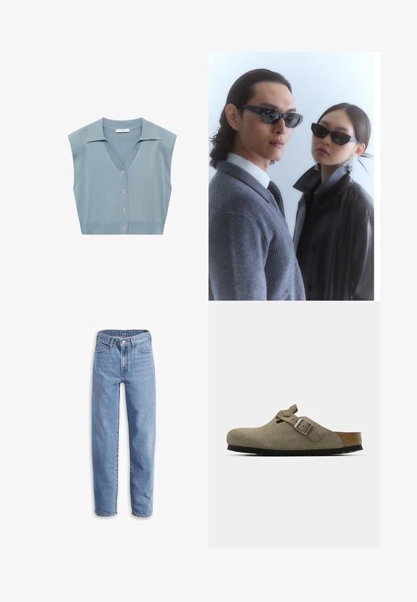 Jasnoniebieski, dziany bezrękawnik z dekoltem w serek, zapinany na guziki, z kołnierzykiem. Gładka faktura i dopasowany krój.; Biała koszulka z krótkim rękawem, okrągłym dekoltem, luźny krój, wykonana z miękkiej bawełny. Gładka tekstura, bez wzorów ani logo.; Jasnoniebieskie dżinsy z denimu o luźnym kroju, prostych nogawkach, pięciu kieszeniach i postrzępionych końcach dla swobodnego wyglądu.; Zamszowe klapki w jasnym oliwkowym kolorze z formowaną korkową i gumową podeszwą. Posiadają boczny pasek z metalowym sprzączką oraz zaokrąglony czubek.; Okulary przeciwsłoneczne z kanciastymi czarnymi oprawkami na modelu w szarym swetrze, prezentujące teksturowany dzianinowy materiał oraz czarną skórzaną kurtkę noszoną przez innego modela.