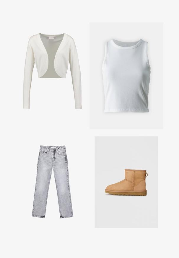 Vit, kort cardigan med långa ärmar, djup V-ringning och en slät yta. Lättviktig tyg med ett genomskinligt bakstycke.; Vit ribbad linne med rund halsringning och ärmlös design, med en rak nederkant och en smidig, elastisk textur.; Grå denimjeans med rak benpassform, slitna detaljer, fem fickor och kopparnitar. Midjan har en logotagg.; Tan mockasinfärgad ankelbotten med rund tå, sydda detaljer, dragflik på baksidan och ett strukturerat gummisul. Designad för komfort och värme.