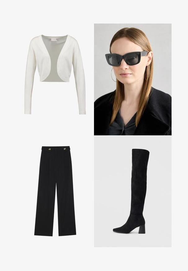 White, cropped cardigan featuring long sleeves, a deep V-neckline, and a smooth finish. Lightweight fabric with a sheer back panel.; Brown, high-neck one-piece swimsuit with thin, adjustable straps; features a high-cut leg and smooth texture. No patterns or embellishments.; Black wide-leg trousers with high waist, button details on waistband, and front pleats.; Black suede knee-high boot with block heel, pointed toe, and smooth, seamless design on a plain light background.; Black cat-eye sunglasses with dark lenses, thick frames, and subtle accents. Worn with a black coat and gray top, featuring long straight hair.