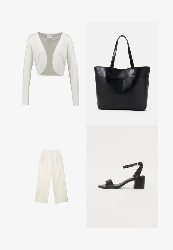 Cardigan blanc, court, avec des manches longues, un décolleté en V profond et une finition lisse. Tissu léger avec un panneau arrière transparent.; Deux débardeurs sans manches en noir et blanc. Fabriqués en tissu doux et extensible avec une texture côtelée et un design ajusté. Dotés de bretelles fines.; Pantalons à jambes larges en tissu crème avec une texture lisse, dotés d'un seul bouton à l'avant, de plis subtils et d'un design taille haute.; Sandale à talons noirs avec un dessus en cuir lisse, une ouverture à l'avant, de larges brides avant et une bride de cheville ajustable avec une boucle dorée.; Sac fourre-tout en cuir noir avec deux longues poignées, une texture lisse et une forme structurée. Dispose d'une poche avant pour un rangement supplémentaire.