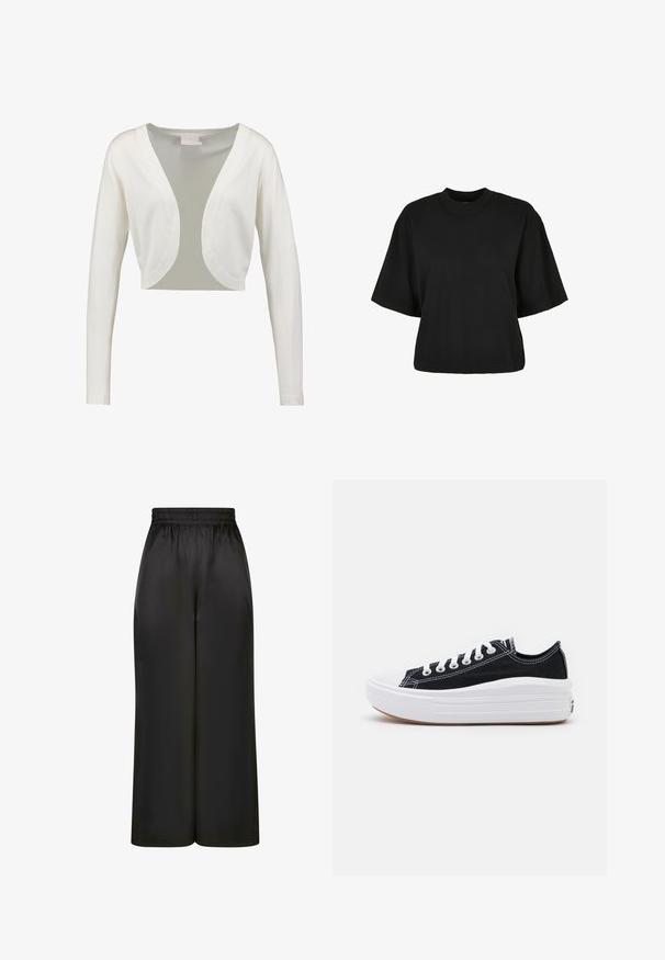 Baltas, trumpas kardiganas su ilgomis rankovėmis, gilu V formos iškirpimu ir lygiu paviršiumi. Lengvas audinys su permatomu nugaros paneliu.; Juoda trumpa medvilninė palaidinė. Su trumpomis rankovėmis ir apvaliu iškirpimu. Lygus paviršius su paprastu dizainu, be papildomų raštų.; Juodos plačios kelnės, pagamintos iš lygaus, blizgaus audinio, su elastinga juosmens juosta ir be matomų kišenių ar aparatūros detalių.; Juodi drobės sportbačiai su baltais raišteliais, balta guma ant pirštų ir masyvi balta vidurine dalimi. Yra subtilių baltų siūlių ir guminis padas.