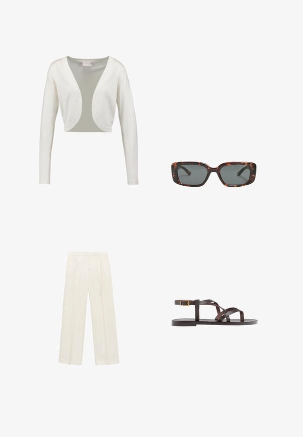 Bijela skraćena kardigana s dugim rukavima, dubokim V-izrezom i glatkom završnom obradom. Lagani materijal s prozirnim stražnjim dijelom.; Bijela majica kratkih rukava od pamuka. Ima okrugli izrez i opušteni kroj. Glatka tekstura bez vidljivih uzoraka ili naglasaka.; Hlače širokog kroja u svijetloj krem boji. Izrađene su od glatkog materijala s plisama sprijeda i bočnim džepovima.; Smeđe kožne sandale s iskrižanim trakama, umetkom za zapešće s kopčanjem i ravnim potplatom s minimalnim detaljima šivanja.; Smešane sunčane naočale s pravokutnim lećama, debelim okvirom i tamnim lećama. Glatka tekstura i minimalistički dizajn.