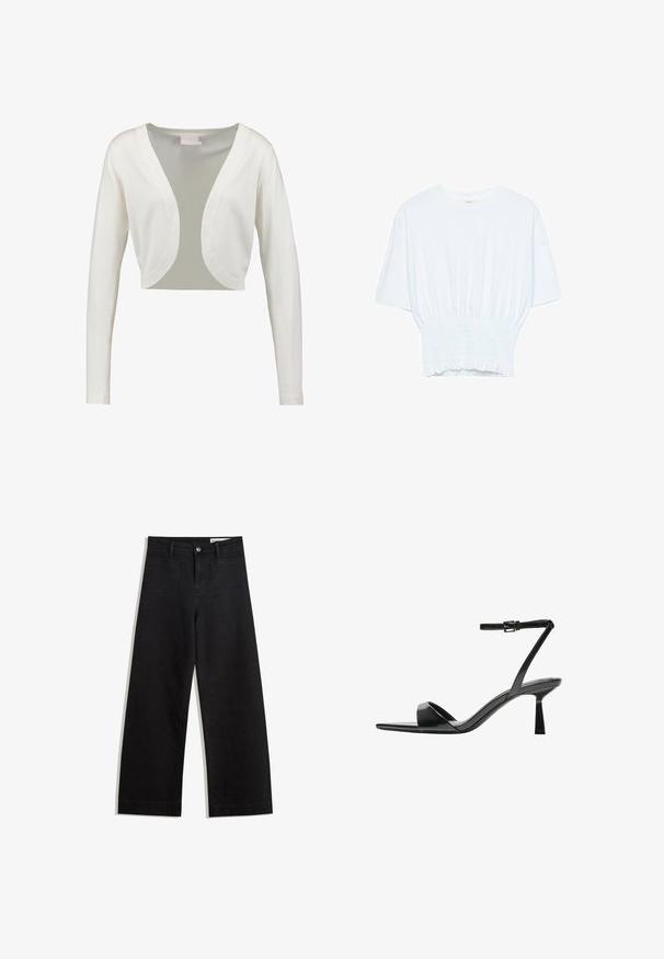 Hvid, cropped cardigan med lange ærmer, en dyb V-udskæring og en glat overflade. Letvægts stof med en gennemsigtig rygpanel.; Hvid kortærmet T-shirt med afslappet pasform og smocked tekstur ved taljen. Lavet af blødt, letvægtsstof.; Sorte wide-leg denim bukser med høj talje, der har front- og baglommer, syede sømme og en knaplukning. Glat tekstur.; Bershka Højhælede sandaletter / Højhælede sandaler - black