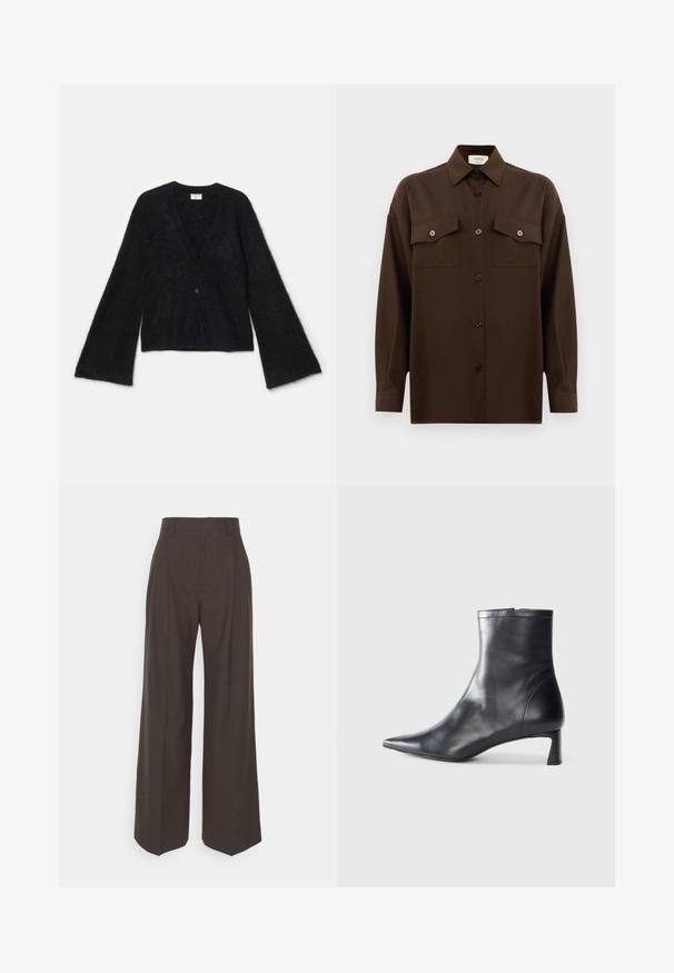 Filippa K FLUFFY CARDIGAN - Cardigan - ink black; Dark brown long-sleeve button-up shirt with two flap chest pockets and a classic collar, displayed against a plain white background.; Dark brown wide-leg trousers with a high waist, featuring neatly pressed creases, smooth texture, and a tailored fit.; Black leather ankle boot with a pointed toe and a sleek design. Features a low heel and a zipper closure at the back. Smooth texture.