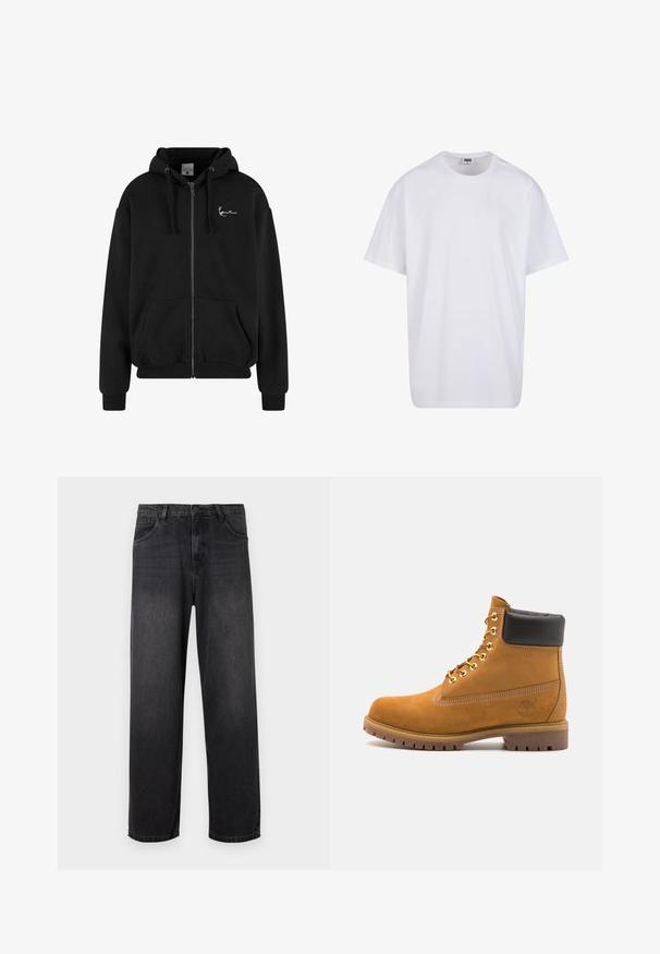Melnā zippogā kapuce, kas izgatavota no mīksta materiāla, ar kanguros kabatu, ribotām piedurknēm, kapuci ar auklītēm un mazu baltu logotipu uz krūtīm.; Balta kokvilnas T-kreklu ar īsām piedurknēm, apaļu kakla izgriezumu, brīvu piegriezumu un bez redzamām logo vai rakstiem. Gluda tekstūra un minimālistisks dizains.; Tumši pelēki džinsi ar taisnu kāju dizainu, ar rāvējslēdzēja aizdari, piecām kabatām un smalkiem izbalējumu elementiem uz auduma.; Brūna zamša potīte ar melnu izšuvumu ap kaklu, zelta metāla acu caurumi, balta šuvju apdare un izturīgs gumijas zole ar izteiktu zīmējumu.