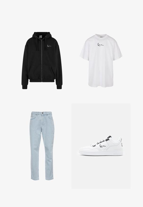 Čierna zipsová mikina vyrobená z mäkkého materiálu, s klokankou, rebrovanými manžetami, kapucňou s šnúrkami a malým bielym logom na hrudi.; Biela bavlnená tričko s okrúhlym výstrihom a krátkymi rukávmi, s čiernym vyšitým logom umiestneným na hrudníku.; Svetlomodré denimové džínsy so strihom rovného nohavice, piatimi vreckami a kovovým zapínaním. Hladká textúra a jemné blednuté detaily.; Biele kožené tenisky s čiernymi akcentmi, ktoré majú podpisové logo na boku, okrúhly špičku a textúrovanú gumovú podrážku.