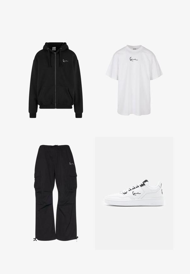 Black zip-up hoodie made of soft material, featuring a kangaroo pocket, ribbed cuffs, hood with drawstrings, and a small white logo on the chest.; White cotton t-shirt featuring a round neckline and short sleeves, with a black embroidered logo centered on the chest.; Black cargo pants made of lightweight fabric, featuring an elastic waistband with drawstring, side pockets, and adjustable cuffs.; White leather sneaker with black accents, featuring a signature logo on the side, round toe, and textured rubber sole.