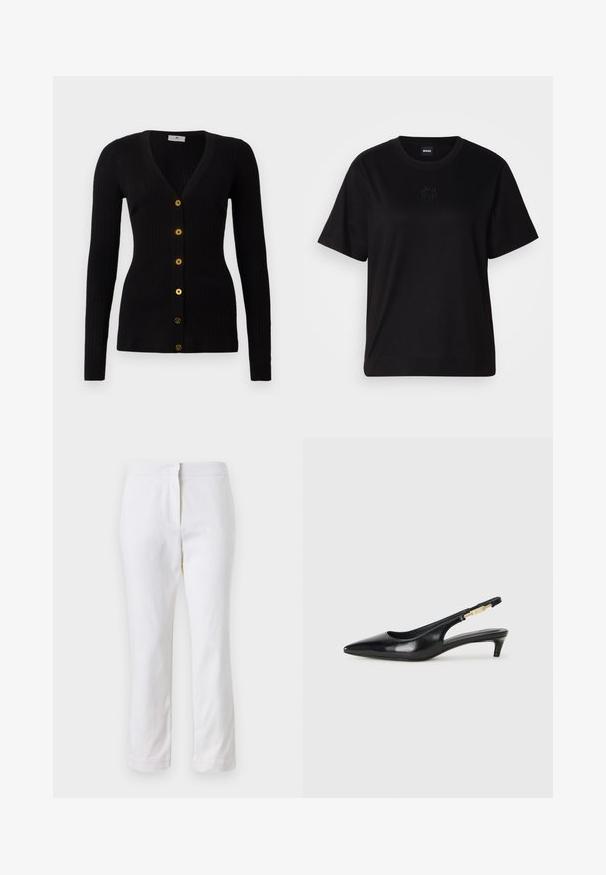 Cardigã preto com nervuras, com decote em V e mangas longas. Apresenta seis botões dourados na frente e uma silhueta ajustada.; T-shirt de algodão preto com decote redondo, mangas curtas e um logótipo bordado no peito. Corte simples e descontraído, sem padrões.; Calças de algodão brancas com um design de perna reta, apresentando uma cintura de altura média e sem hardware ou padrões visíveis. Textura suave por toda a peça.; Saltos slingback em couro preto com bico fino, apresentando um salto esguio e um detalhe em tom dourado na alça ajustável. Textura suave.
