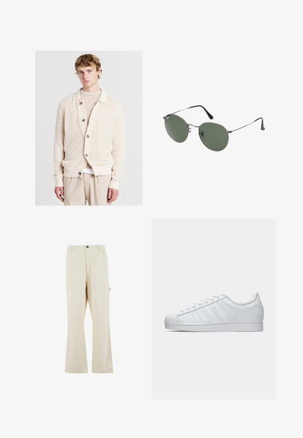 Gilet en tricot beige clair avec un motif texturé, de grands boutons et un col, associé à un haut crème en dessous.; T-shirt noir en coton avec un col rond, des manches courtes et un ourlet droit. Texture lisse ; design simple et dépouillé.; Pantalons beige à jambes larges en tissu mélangé coton avec fermeture à bouton. Dotés de poches latérales et d'une texture subtile. Détails de couture visibles.; Baskets en cuir blanc avec un embout en caoutchouc texturé, trois bandes sur le côté et un col rembourré. Lacets blancs plats et design minimaliste.; Lunettes de soleil en métal avec des verres ovales verts. Monture en métal argenté mince et embouts d'oreille noirs. Design minimaliste, sans logos visibles.