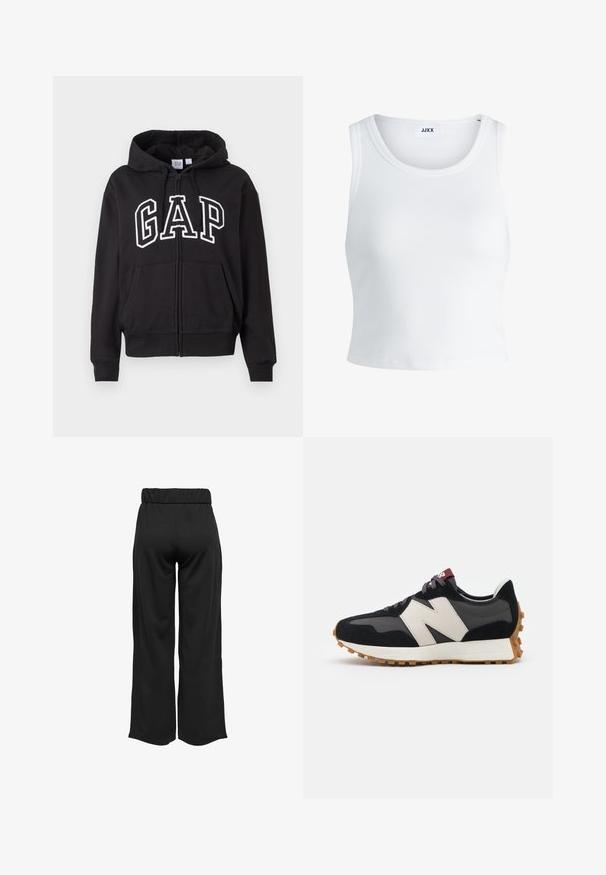 Black zip-up hoodie with front pockets and "GAP" logo in large white outlined letters across the chest.; White ribbed tank top featuring a round neckline, sleeveless design, and a cropped length. Label reads "JJXX." Smooth fabric texture.; Black, wide-leg pants with an elastic waistband, made from smooth fabric. Features a clean design with no pockets or visible stitching details.; Black and gray suede sneaker with a large cream-colored "N" logo, purple laces, and a textured gum rubber outsole.