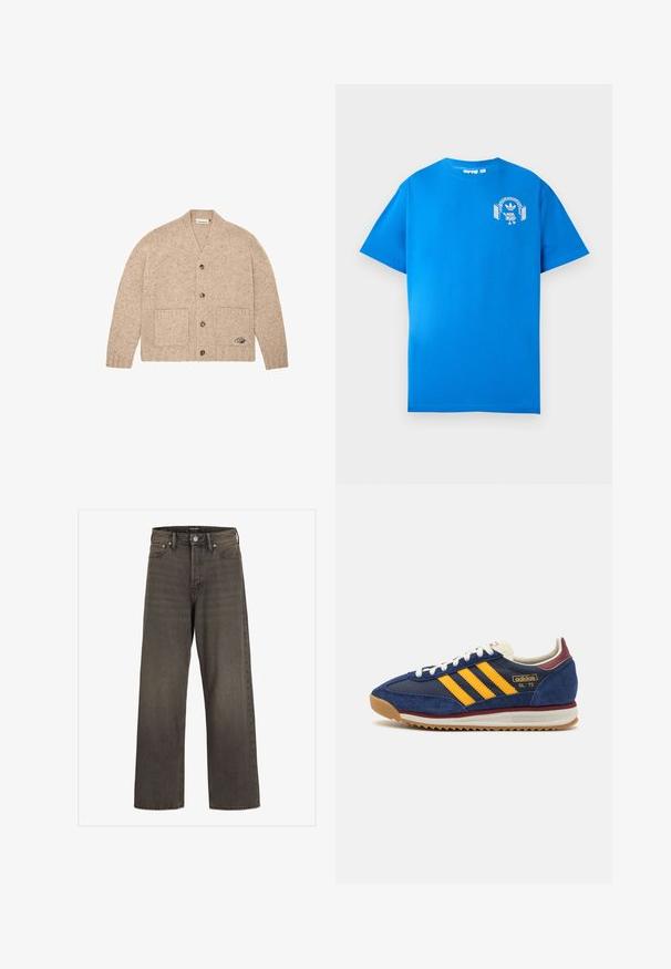 Beige gebreid cardigan met lange mouwen, knopen aan de voorkant, twee voorzakken en een klein geborduurd logo op de rechteronderzak.; Blauwe katoenen t-shirt met korte mouwen. Heeft een witte grafische afbeelding op de voorkant, met een personage met een hoofdtelefoon en een boog.; Wijde jeans in donkergrijze denim met een hoge taille, een klassieke vijf-pocketontwerp en contrasterende stiksels langs de naden.; Marine blauwe suède sneaker met gele strepen, witte veters en bordeauxrode accenten. Textuurzool met groeven voor grip. Merksymbool aan de zijkant.