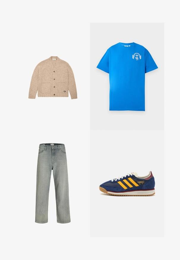Bežni pleteni kardigan s dugim rukavima, prednjim gumbima, dva prednja džepa i malim izvezenim logotipom na donjem desnom džepu.; Plava pamučna majica s kratkim rukavima. Sadrži bijeli grafički dizajn sprijeda, koji prikazuje lik s slušalicama i lukom.; Svijetlosive, široke traperice napravljene od denima. Imaju klasičan dizajn s pet džepova, petlje za remen i ravni kroj nogavica.; Mornarične nubuk tenisice sa žutim trakama, bijelim čipkama i burgundskim detaljima. Teksturisani đon s utorima za prianjanje. Logo brenda sa strane.