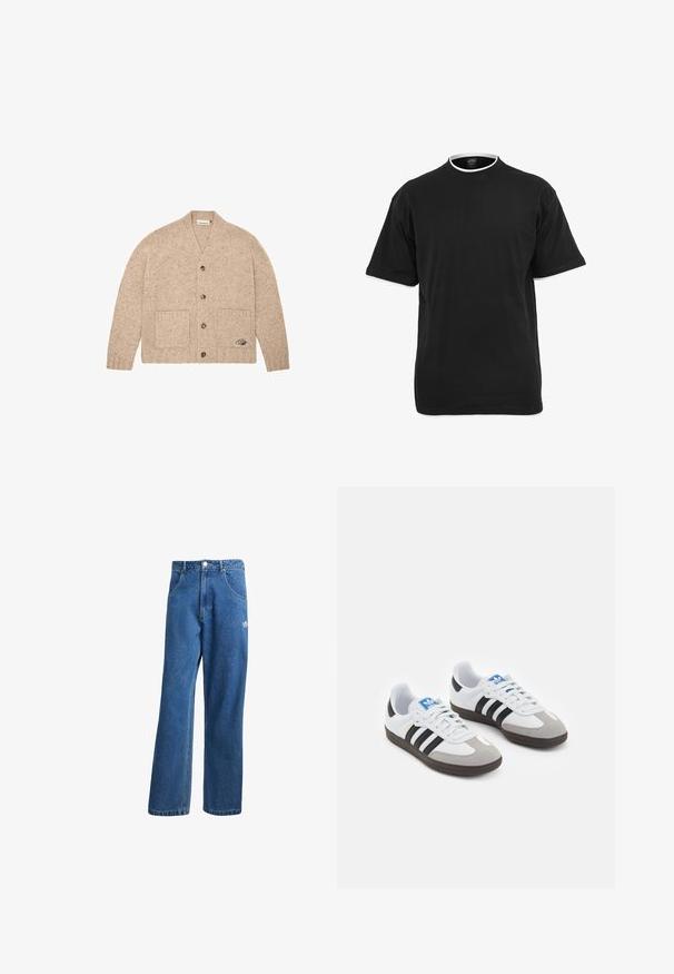 Beige gestrickte Strickjacke mit langen Ärmeln, vorderen Knöpfen, zwei vorderen Taschen und einem kleinen gestickten Logo auf der unteren rechten Tasche.; Schwarzes Baumwoll-T-Shirt mit kurzen Ärmeln, rundem Ausschnitt und kontrastierendem weißen Saum entlang des Kragens und der Ärmelkanten.; Blaue hohe, weite Jeans mit Fronttaschen, Gürtelschlaufen, Knopfverschluss und kleinem Adidas-Logo am rechten Oberschenkel.; Sportschuhe mit einem Obermaterial aus weißem Leder, grauer Wildleder-Zehenkappe und drei schwarzen Streifen. Sie verfügen über ein blaues Logo auf der Zunge und eine strukturierte Gummisohle.