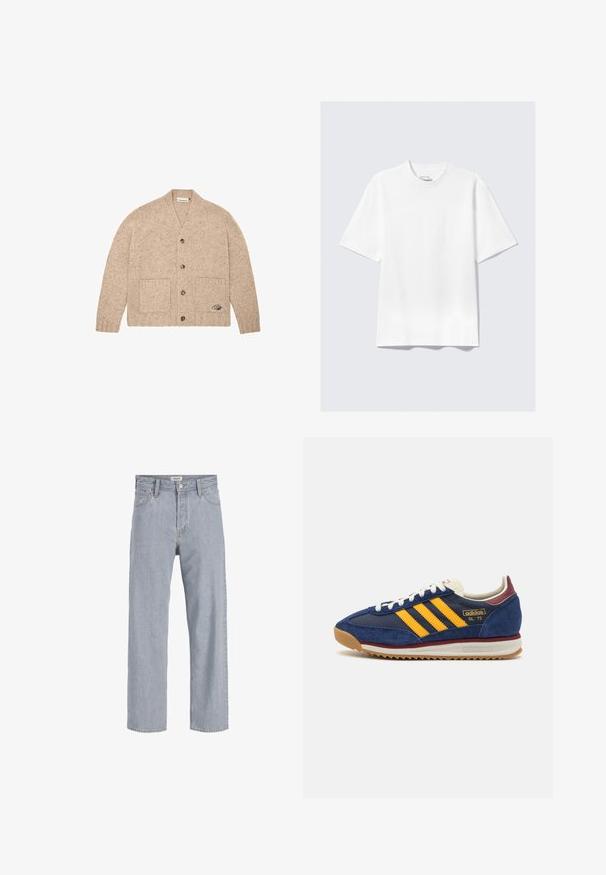 Cardigan bej tricotat, cu mâneci lungi, nasturi în față, două buzunare frontale și un mic logo brodat pe buzunarul din dreapta jos.; Cămașă T-shirt albă, cu mâneci scurte, de tip relaxat, așezată pe un fundal gri deschis.; Jeanși din denim bleu deschis cu o croială lejeră, design cu picior drept, cusături vizibile, două buzunare frontale și închidere cu nasture.; Sneaker din suede albastru navy cu dungi galbene, sireturi albe și accente bordeaux. Talpă texturată cu nervuri pentru tracțiune. Logo-ul brandului pe lateral.
