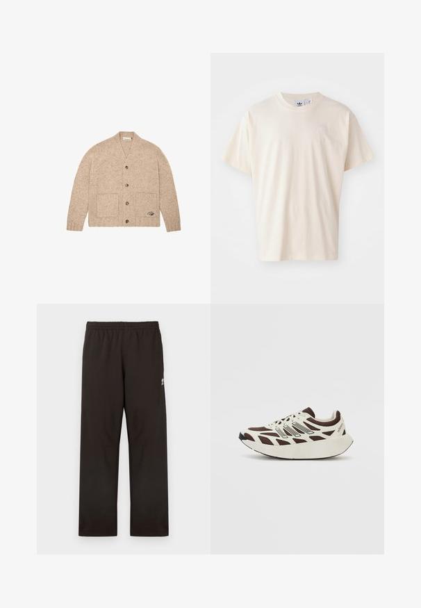 Beige neulecardigan, jossa on pitkät hihat, etupainikkeet, kaksi etutaskua ja pieni brodeerattu logo oikeassa alakulmassa olevassa taskussa.; Kerman puuvillapaita, jossa on pyöreä kaula-aukko ja lyhyet hihat; rinnassa on pieni, vaaleanvärinen logo.; Mustat collegehousut, joissa on joustava vyötärönauha, suora lahjemalli ja hillitty logokoriste sivulla. Valmistettu pehmeästä, sileästä kankaasta.; Ruskea ja kerma sneaker, jossa on verkko-yläosa, teksturoidut päällysteet ja pyöreä, paksu valkoinen pohja. Sisältää matalaprofiilisen kieli ja nyörit.