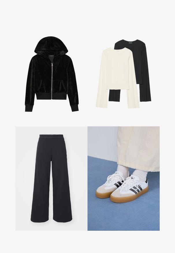 Felpa nera in velluto con zip, cappuccio curvo, tasche frontali e polsini a costine. Texture liscia e design semplice incentrato sul comfort.; Set di due maglie a maniche lunghe, bianche e nere. Texture a coste, scollo tondo, design aderente con maniche leggermente svasate.; Pantaloni felpati neri a gamba larga realizzati in tessuto morbido, con un elastico in vita e un piccolo logo sul lato sinistro.; Sneakers bianche con strisce nere e accenti in suede beige. Presentano una suola in gomma texturizzata e lacci bianchi piatti, indossate con calzini di colore chiaro.