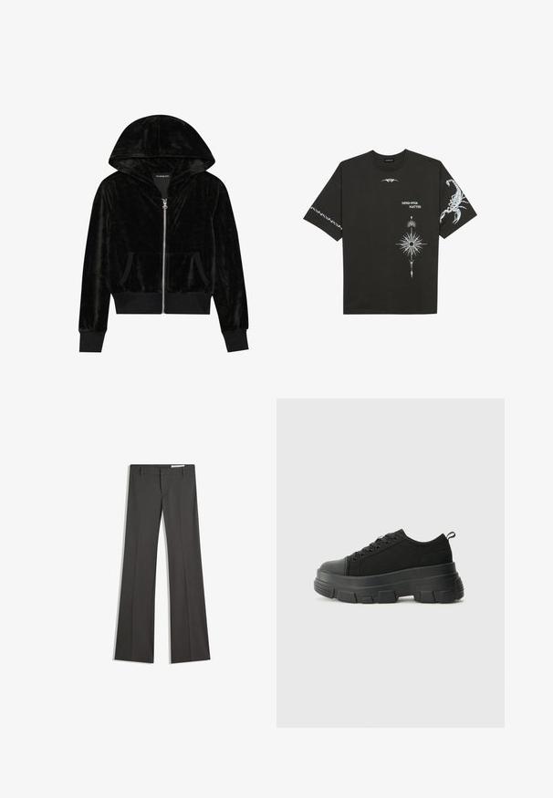 Svart sammet zip-up hoodie med en rundad huva, framfickor och ribbade ärmslut. Slät textur och enkel design som fokuserar på komfort.; Svart bomullströja med vita grafiska tryck, inklusive en skorpion och abstrakta mönster. Kortärmad; rund halsringning.; Grå utsvängda byxor i en slät tygkvalitet, med flat front, bälteshällor och en skräddarsydd design med rena linjer.; Svarta sneakers med en kraftig gummisula, texturerad tygöverdel, rund tå och snörning. Har förstärkta öglor och dragflik bak.