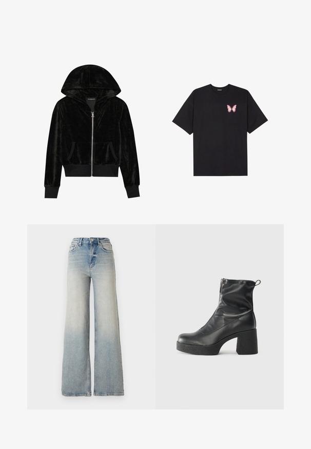 Černá sametová mikina na zip s klenutou kapucí, předními kapsami a žebrovanými manžetami. Hladká textura a jednoduchý design zaměřený na pohodlí.; Černé bavlněné tričko s krátkým rukávem, na levém prsou s malou grafikou růžové motýlky. Design s kruhovým výstřihem a volným střihem.; Světle modré široké džínsy vyrobené z denimu, s vysokým pasem, pěti kapsami a viditelným švem podél švů.; Černé kotníkové boty vyrobené z hladké kůže, s bočním zipem, robustním strukturovaným podpatkem a kulatou špičkou.