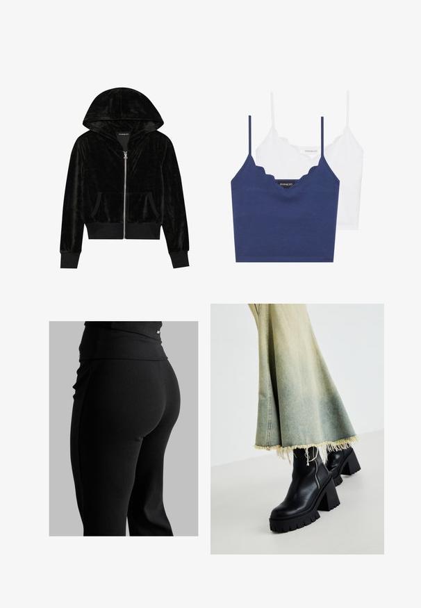 Haut à capuche zippé en velours noir avec une capuche courbée, des poches avant et des poignets côtelés. Texture lisse et design simple axé sur le confort.; Ensemble de bralette en coton marine et blanc avec un décolleté festonné, des bretelles fines et ajustables, et une coupe ajustée. Étiquette logo sur le côté intérieur de la pièce marine.; Leggings noirs côtelés avec une taille haute, une coupe moulante et une texture lisse. Comprend un détail matériel subtil sur la taille.; Bottines en cuir noir avec une semelle épaisse et texturée, associées à une jupe en denim délavé avec des bords effilochés. Détail de fermeture éclair sur le côté.