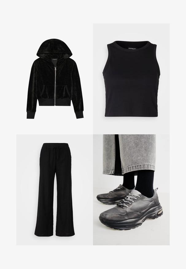 Svart fløyels zip-up hettegenser med buet hette, frontlommer og ribbestrikkede ermer. Glatt tekstur og enkelt design med fokus på komfort.; Svart ribbet crop tank top med rund halslinning og ermeless design. Laget av myk, elastisk stoff med rene, kantede kanter.; Svart lin brede bukser med elastisk liv og justerbar snor. Myk tekstur og løs passform for komfort.; Sorte og grå treningssko har en mesh-overdel, tykke såler og snøring. De har en rund tå og synlige dempe detaljer.