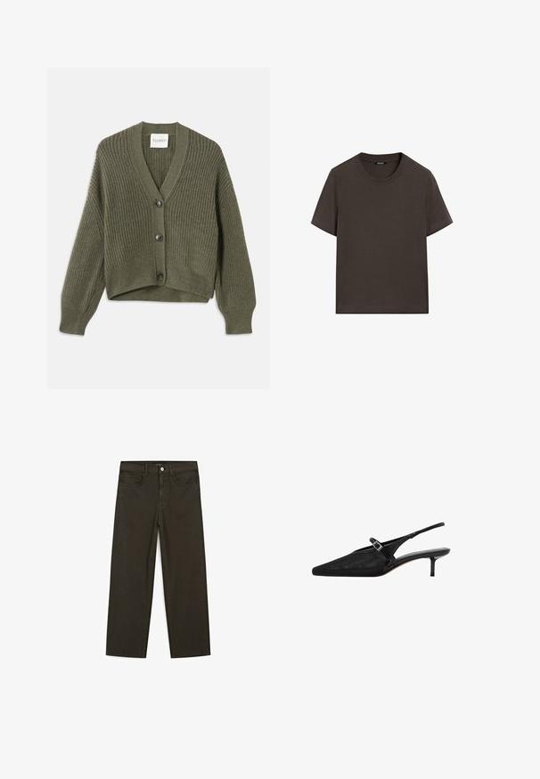 Olivgrön stickad kofta med V-hals, tre knappar och ribbad textur. Har kort längd och design med sänkt axel.; Mörkbrun t-shirt med kort ärm tillverkad av bomull. Har en rund halsringning och en avslappnad passform, utan synliga mönster eller dekorationer.; Mörkgröna vida jeans i bomullsblandning, med knäppning fram, fem fickor och klassisk denimstickning.; Svarta slingback-klackar med spetsiga tår, texturerat mesh-övre, smal justerbar rem med silverspänne och 5 cm stilettklackar.