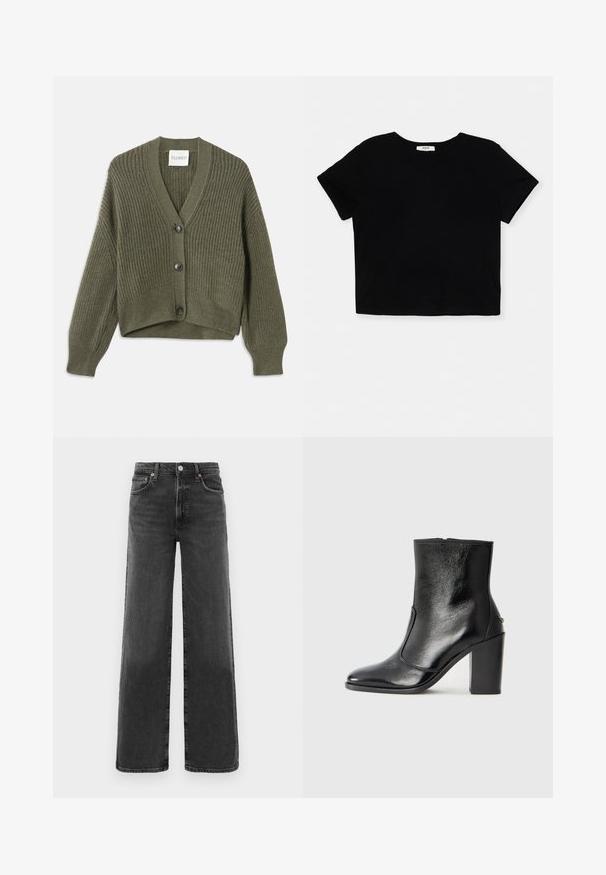 Oliwkowy dzianinowy kardigan z dekoltem w kształcie litery V, trzema guzikami i prążkowanym wykończeniem. Charakteryzuje się skróconą długością i krojem typu drop shoulder.; Czarny krótki t-shirt wykonany z miękkiej bawełny, z krótkimi rękawami, okrągłym dekoltem i prostym wykończeniem bez ozdób.; Czarne dżinsy z wysokim stanem, proste nogawki, z przodem zapinanym na guzik i zamek błyskawiczny, dwoma przednimi kieszeniami i dwiema tylnymi kieszeniami.; Czarne skórzane botki za kostkę o gładkiej fakturze, spiczastym nosku i grubym wysokim obcasie. Posiadają boczne wycięcie i minimalistyczny design.