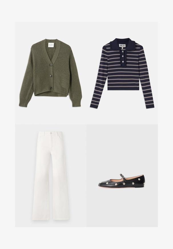 Maslinasto zeleni pleteni kardigan s V-izrezom, tri gumba i rebrastom teksturom. Ima skraćenu dužinu i dizajn s spuštenim ramenima.; Mornarica dugih rukava s ružičastim horizontalnim prugama, volanastim ovratnikom i prednjim kopčanjem s tri gumba; izrađena od mekanog, rastezljivog materijala.; Bijele, visokotalasne široke traperice. Imaju kopčanje na dugme, dva prednja džepa i bočne šavove s detaljima šivanja.; Crne kožne Mary Jane balerinke s zaobljenim vrhom, koje sadrže srebrne kružne zakovice i podesivu traku s kopčom.