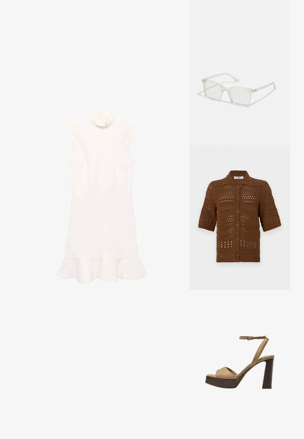 Smeđi pleteni kardigan izrađen od kukičane tkanine. Ima ovratnik, kratke rukave i prednje dugmad s teksturiranim uzorkom.; Bijela haljina bez rukava s visokim izrezom, koja ima šireni rub i glatku teksturu. Jednostavan dizajn bez uzoraka ili vidljivih dijelova.; Beige suedirane sandale s visokim potpeticama, širokom prednjom trakom i trakicom oko gležnja, s debelom drvenom blok-potpeticom s teksturiranim završetkom.; Prozirne plastične naočale kvadratnog okvira s prozirnim lećama, koje sadrže zlatne akcentne detalje na drškama.