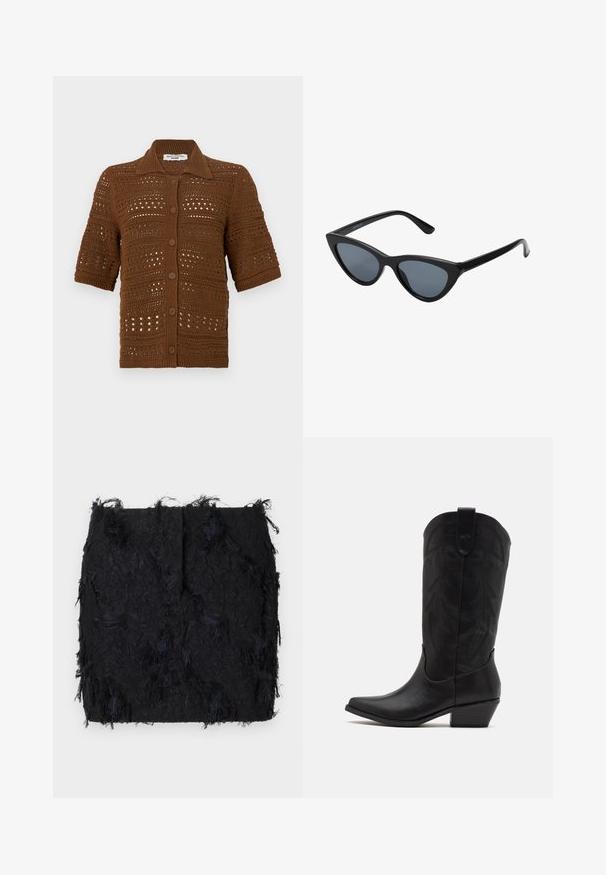 Rjava pletena kardigan iz kvačkanega blaga. Ima vratni izrez s kragnjo, kratke rokave in sprednje gumbe z teksturiranim vzorcem.; Dve brezrokavne rebraste majice s turtleneck ovratnikom v rjavi in črni barvi, prikazane na enotni beli podlagi.; Črna teksturirana krila z večplastnim frufru designom in nekoliko nepravilnim robom, izdelana iz lahkega materiala.; Črne usnjene kavbojske škornje s koničastim nosom, nizkim nataknutim peto in zapletenim embosiranim listnatim vzorcem na šahu. Zanko na vrhu za lažje obuvanje.; Črne mačje oči sončna očala z temno sivo lečo, elegantnim plastičnim okvirjem, ostrimi koti in ravnimi vseski. Brez vidnih kovinskih delov ali okrasitev.; Burgundska kožna torbica s zakrivljenim oblikom, zlatnimi detajli na opremi in zadrgo. Ima odstranljiv naramni trak.